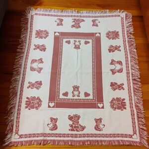 Adorable Vintage Teddy Bear Throw Blanket Reversible Cream And Rose